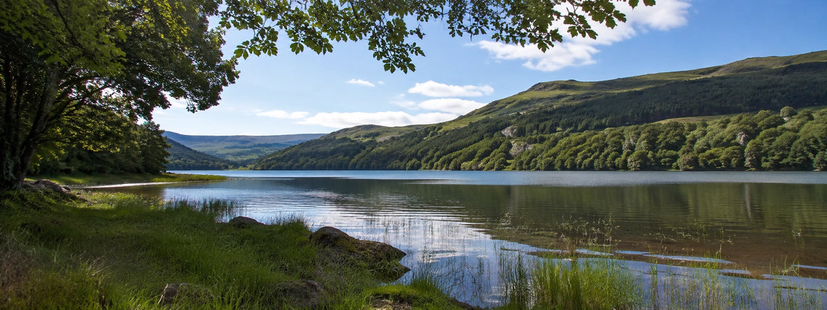 Lac de montagne au pied des volcans du Cantal, département de pêche de la carpe