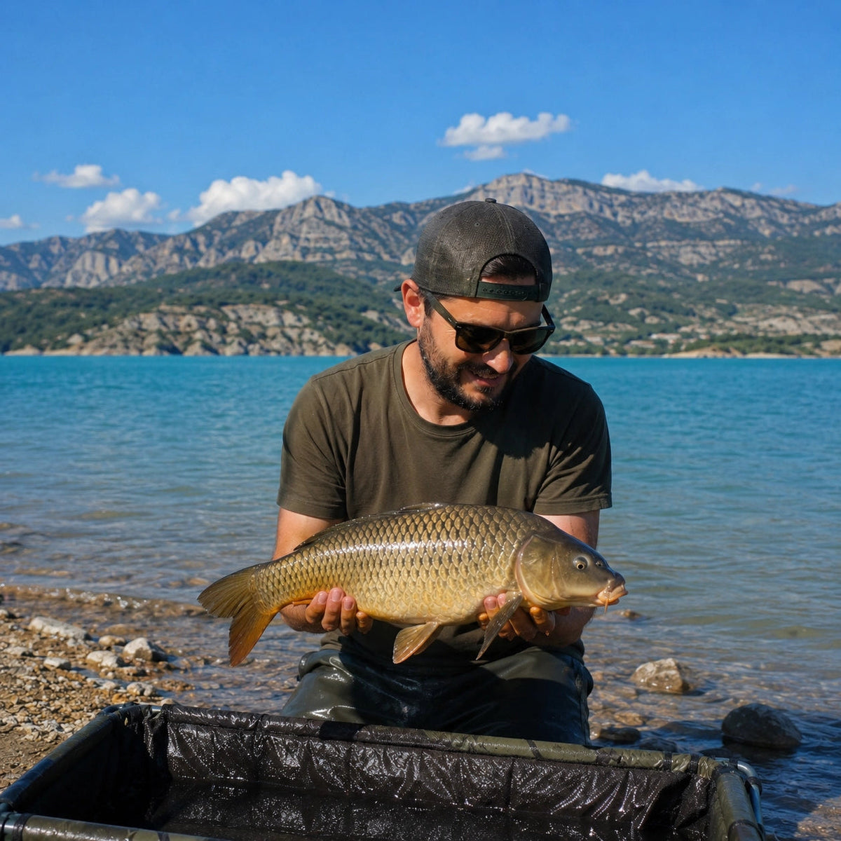 Carpe commune prise de nuit sur un plan d'eau de la vallée de la Durance