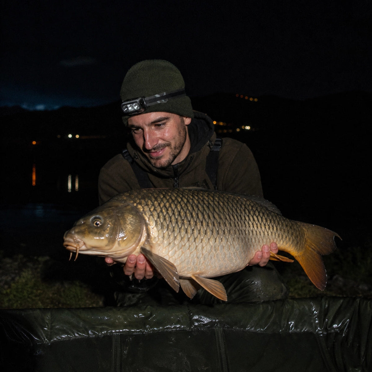 Carpiste soutenant une carpe commune sur la rive du lac de Castillon