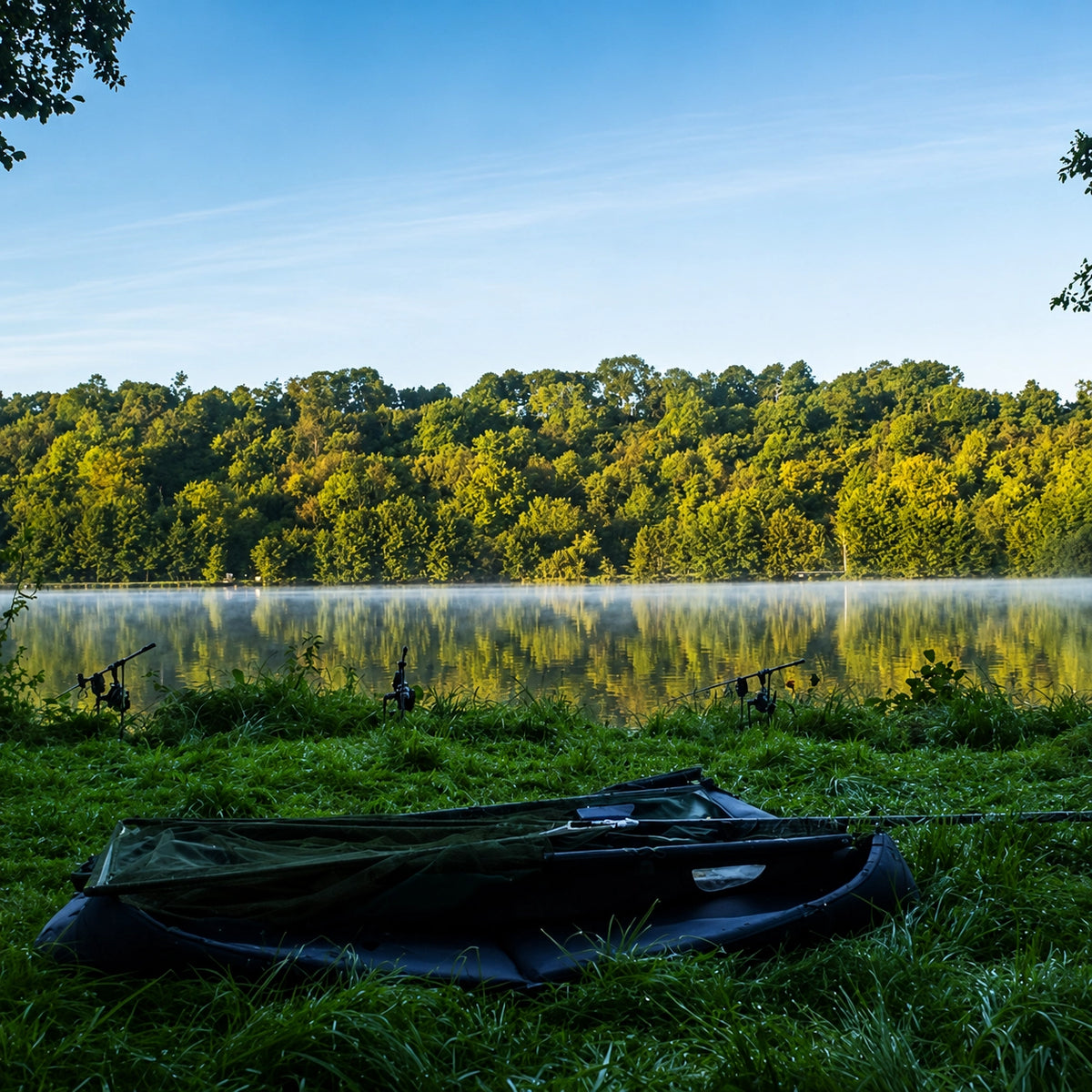 Cannes posées en bord de rivière au petit matin, pêche de la carpe en eau courante