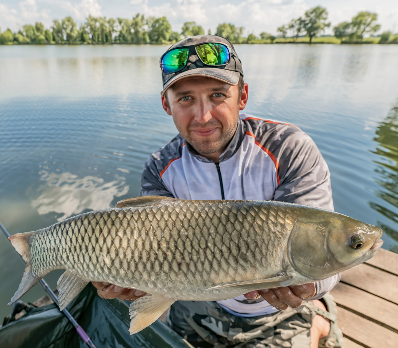 Pêcheur souriant présentant une carpe amour de taille moyenne au bord d'un lac