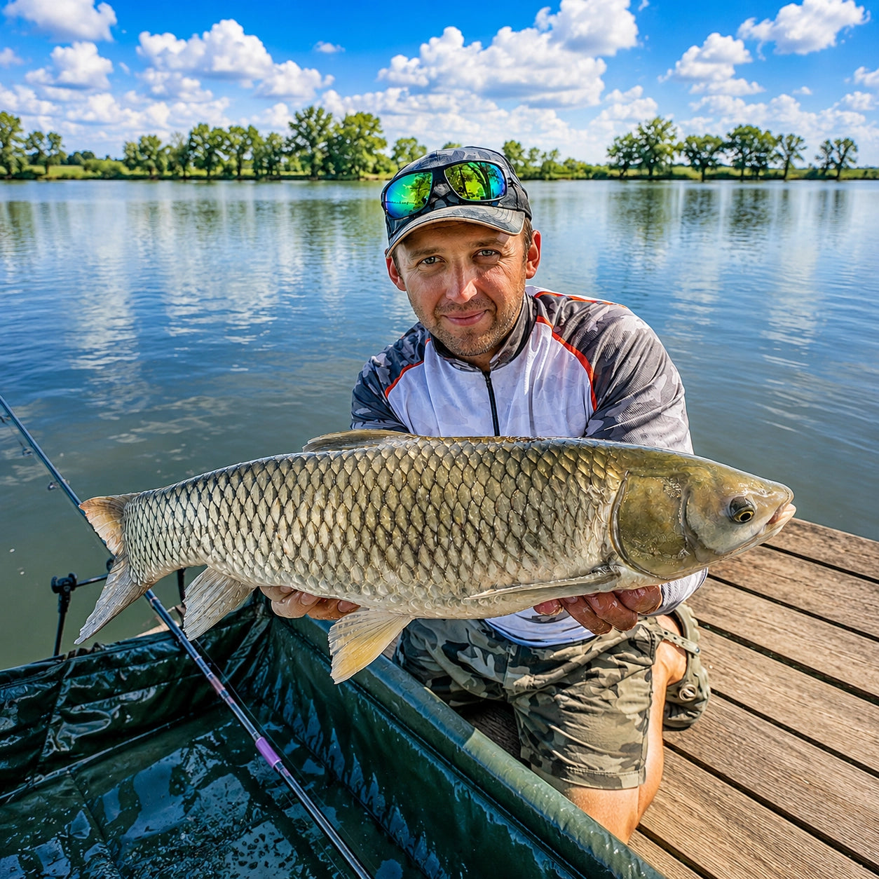 Pêcheur souriant présentant une carpe amour de taille moyenne au bord d'un lac