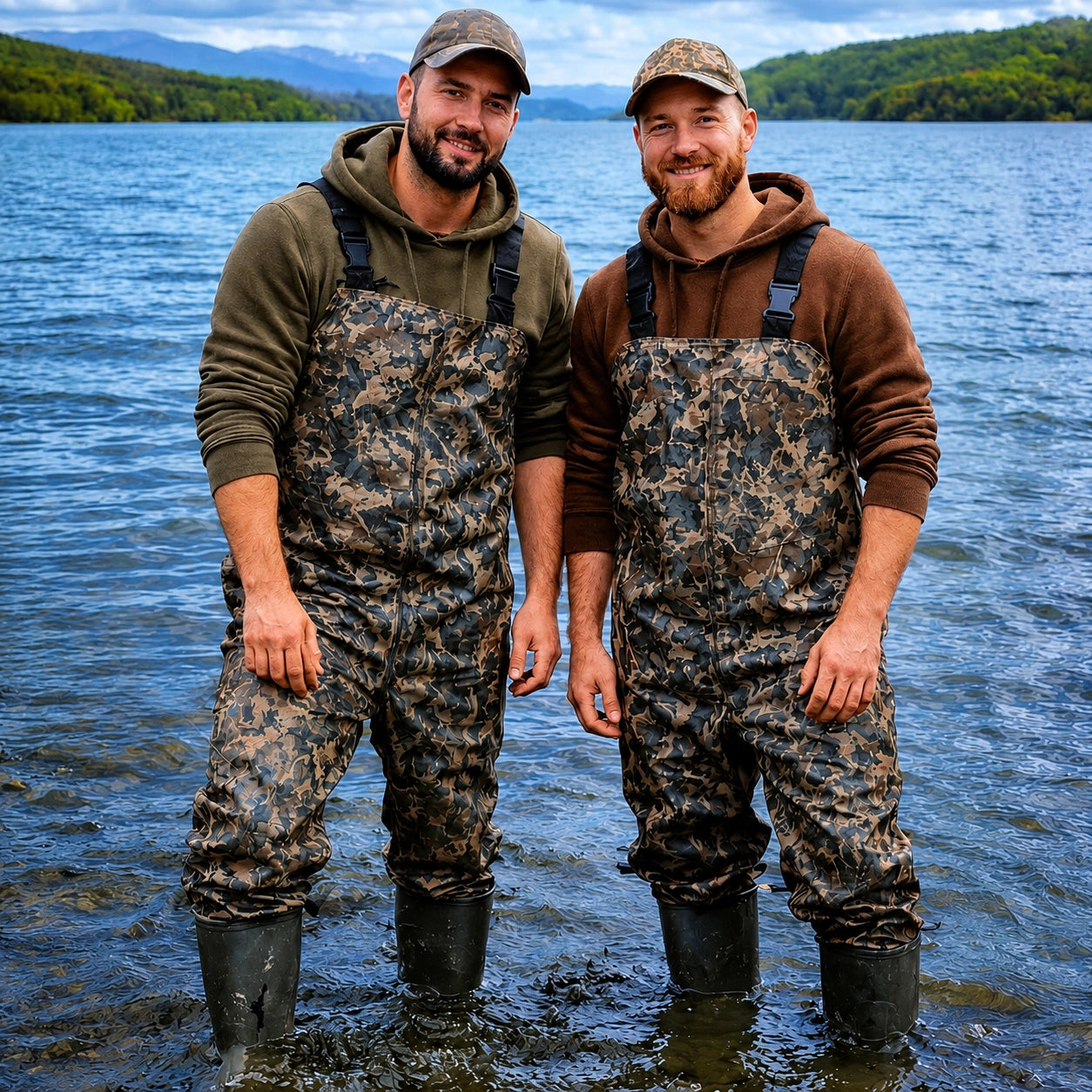 Deux pêcheurs en waders camouflage debout dans l'eau d'un grand lac