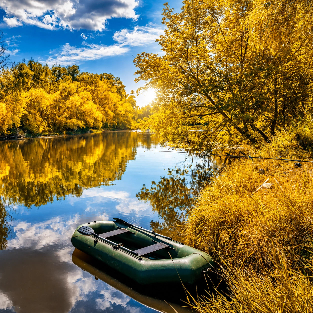 Petit bateau gonflable de pêche amarré en rivière sous les feuillages d'automne