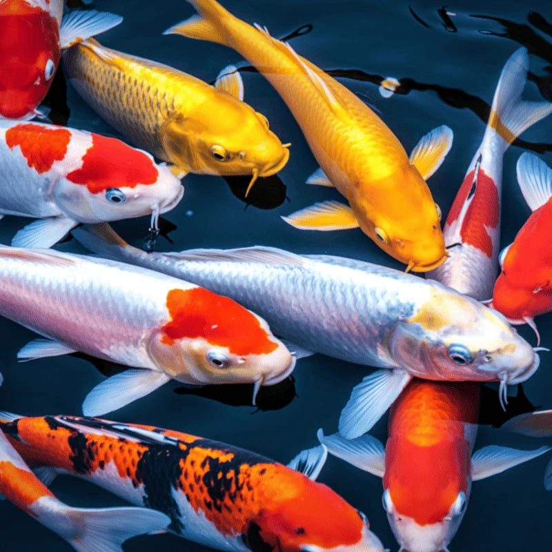 Carpes koï kohaku et ogon vues de dessus, illustration de la fragilité des pigments de la robe