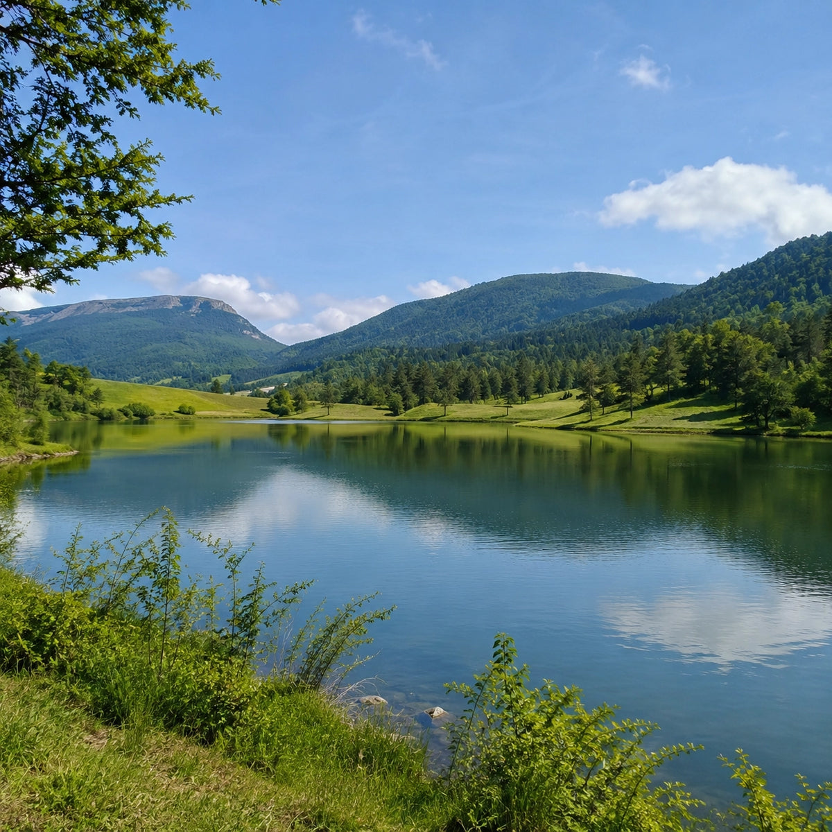 Plan d'eau de plateau bordé de prairies et de collines boisées, surface calme reflétant le ciel