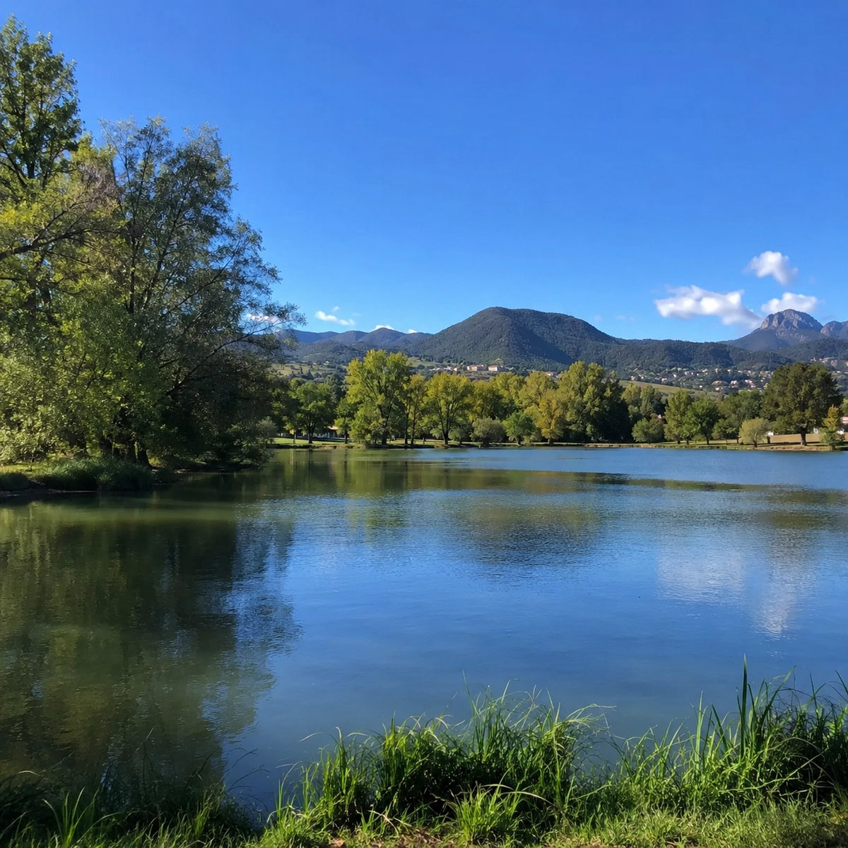Plan d'eau calme bordé d'arbres et d'herbes hautes sous un ciel bleu