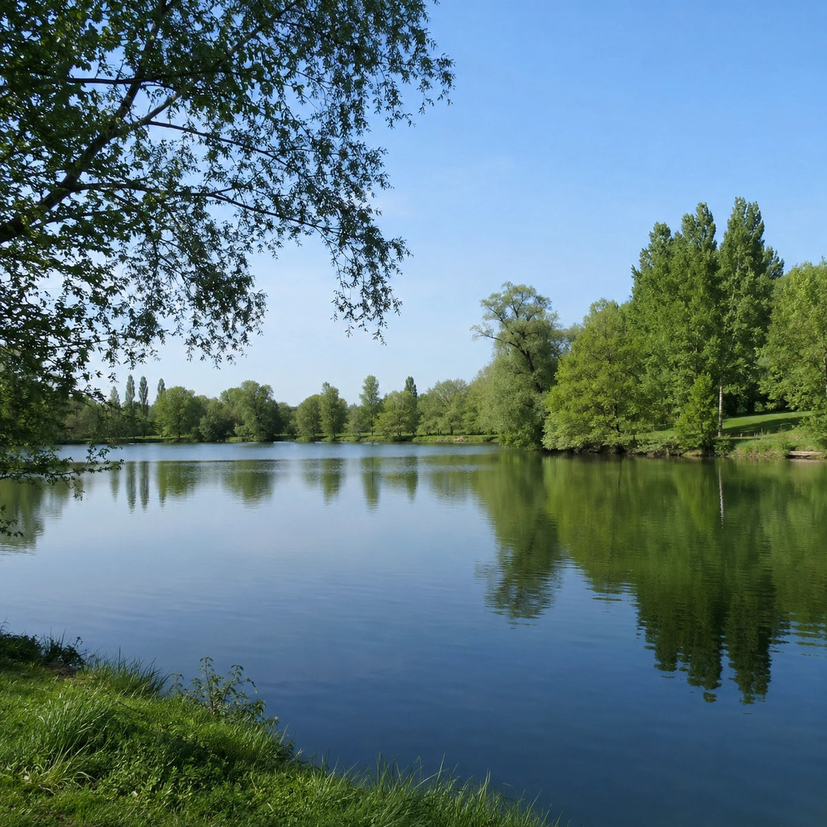 Plan d'eau boisé d'Eure-et-Loir sous un ciel dégagé, typique des parcours carpe de nuit du département