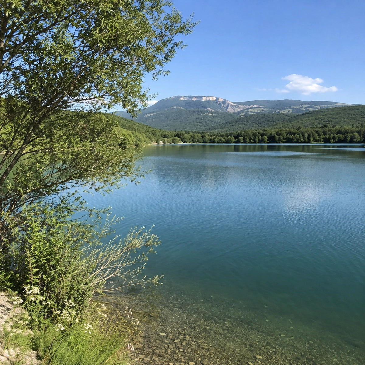 Plan d'eau drômois dominé par les reliefs du Vercors