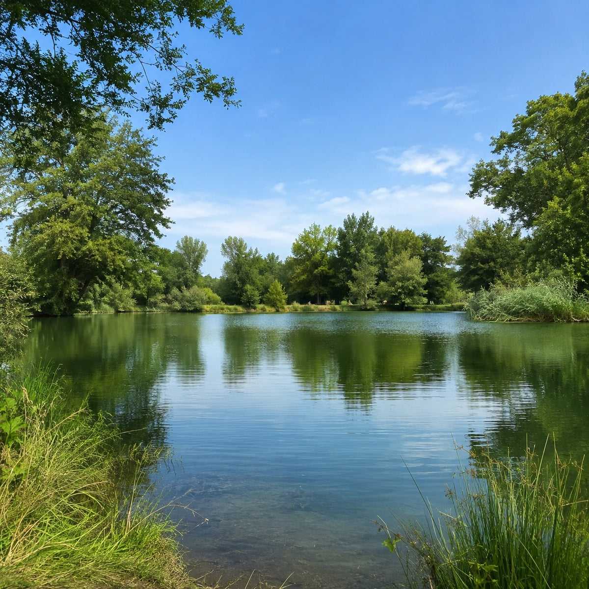 Plan d'eau du Gard aux berges arborées, ouvert sur postes balisés