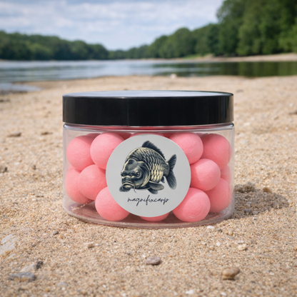 Pop-up carpe Magnifixcarp rose délavé thon tenue en main au bord de l'eau