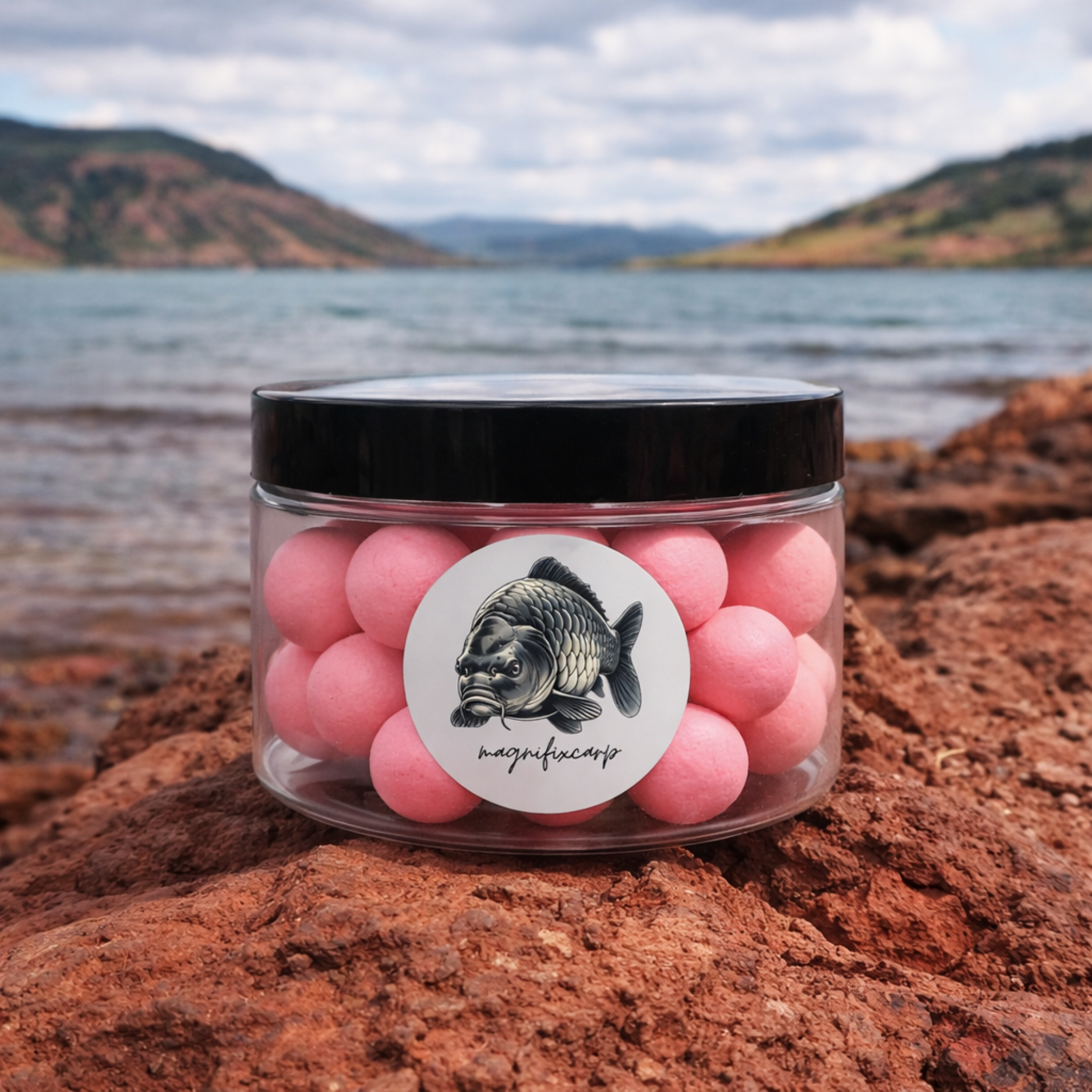 Pot de pop-ups rose délavé thon Magnifixcarp au bord d'un lac - appât carpe