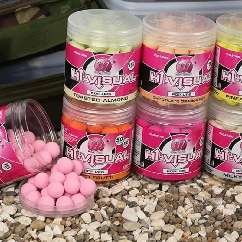 Boîtes de pop-ups fluo Mainline Hi-Visual en orange, jaune et rose, appâts visuels pour la pêche de la carpe koï