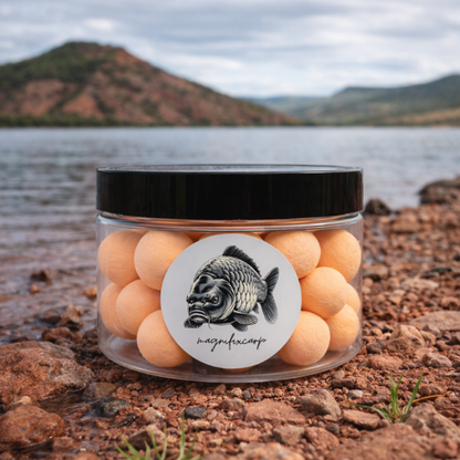 pop-ups orange washed out pêche magnifixcarp vue des bouillettes flottantes dans le pot