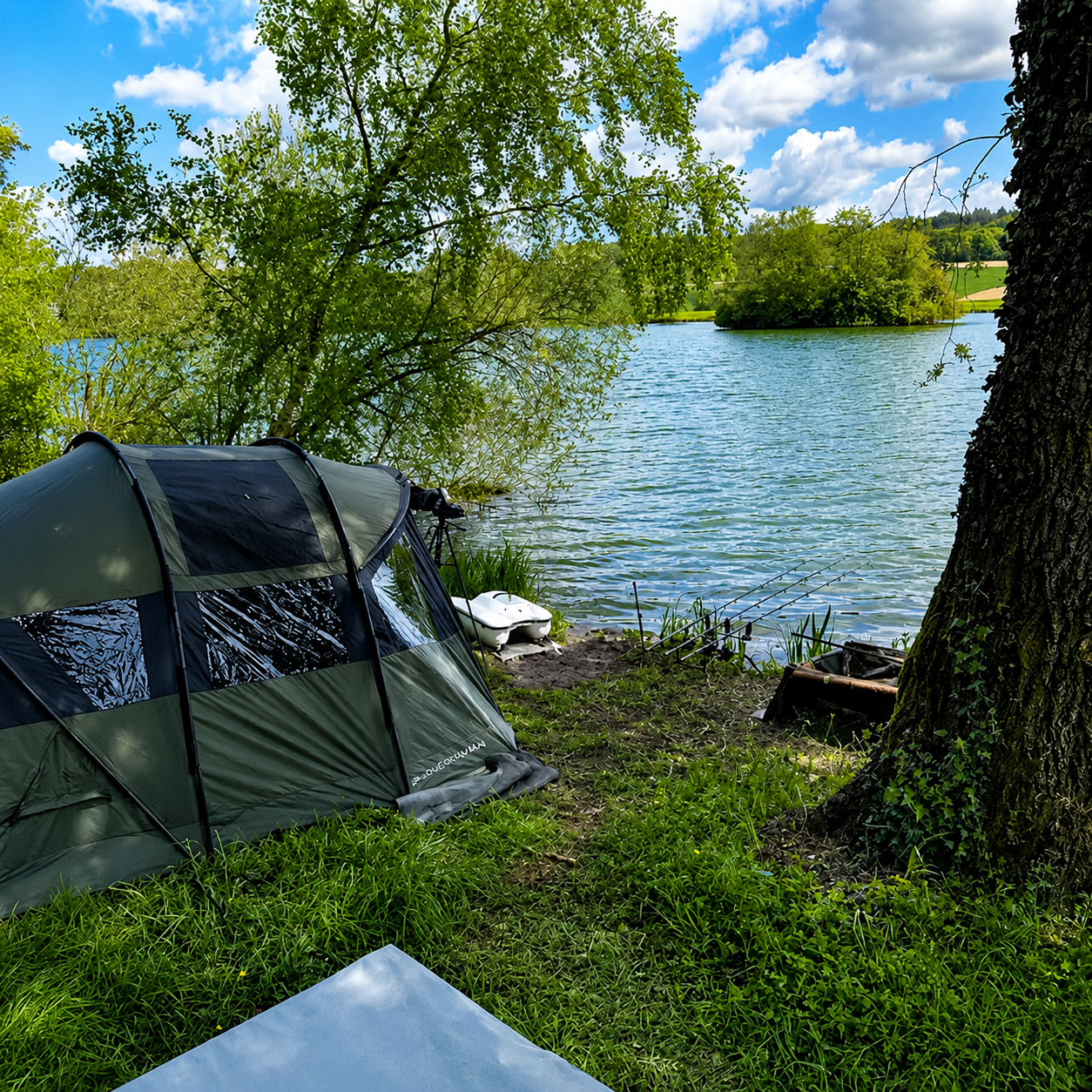Poste de pêche à la carpe organisé avec bivouac installé entre les arbres face à un plan d'eau, illustration d'une session préparée comme un projet