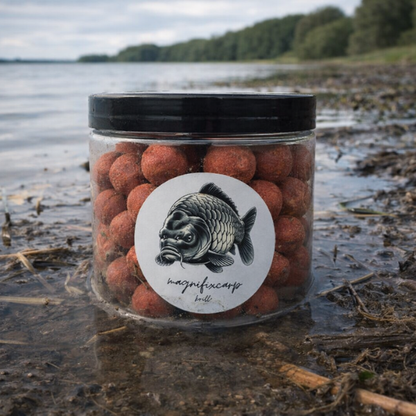 pot de pop-ups krill magnifixcarp au bord d'un lac appât carpe marin