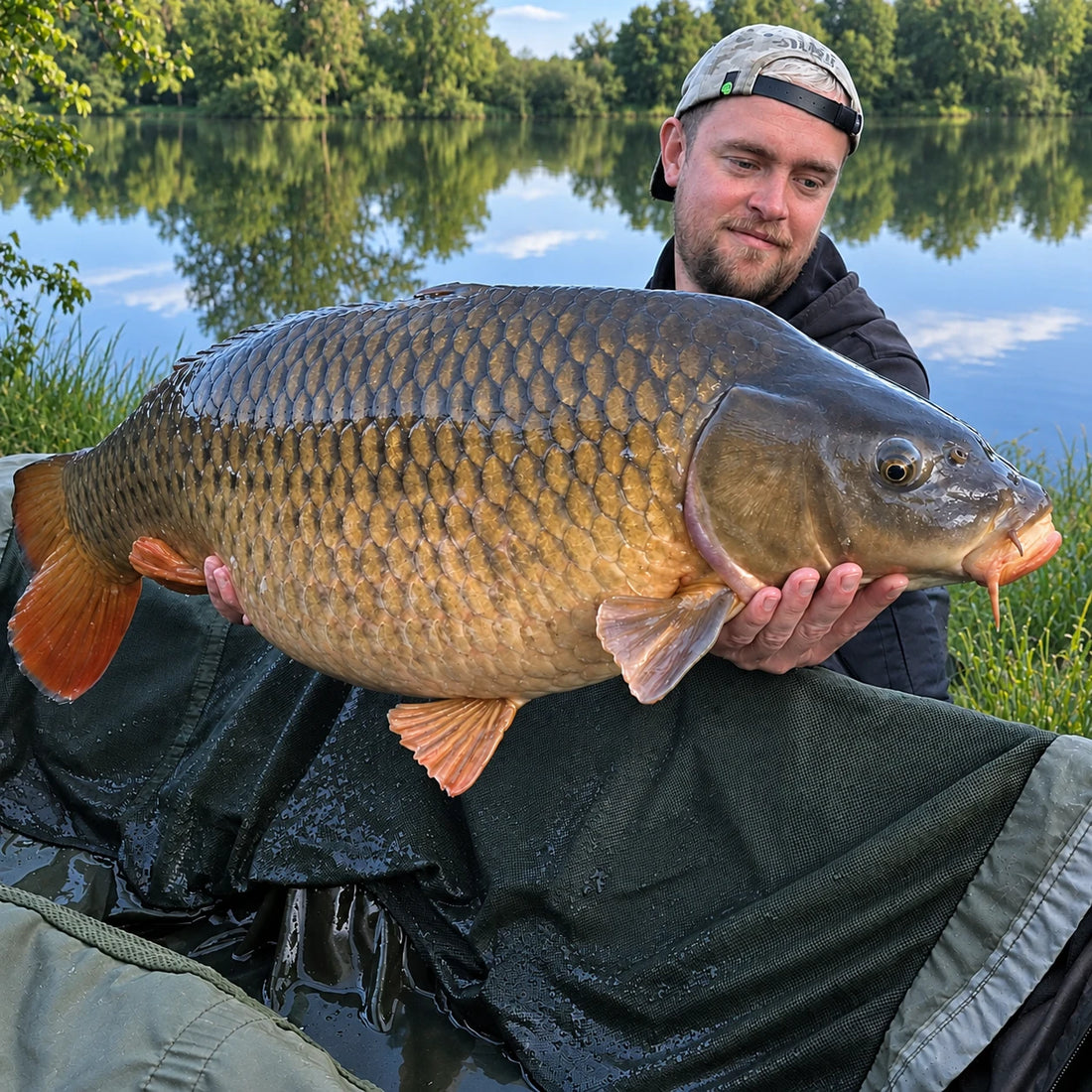 Guillaume Desesquelles, fondateur de Magnifixcarp, présentant une carpe commune capturée lors d'une session de pêche en rivière