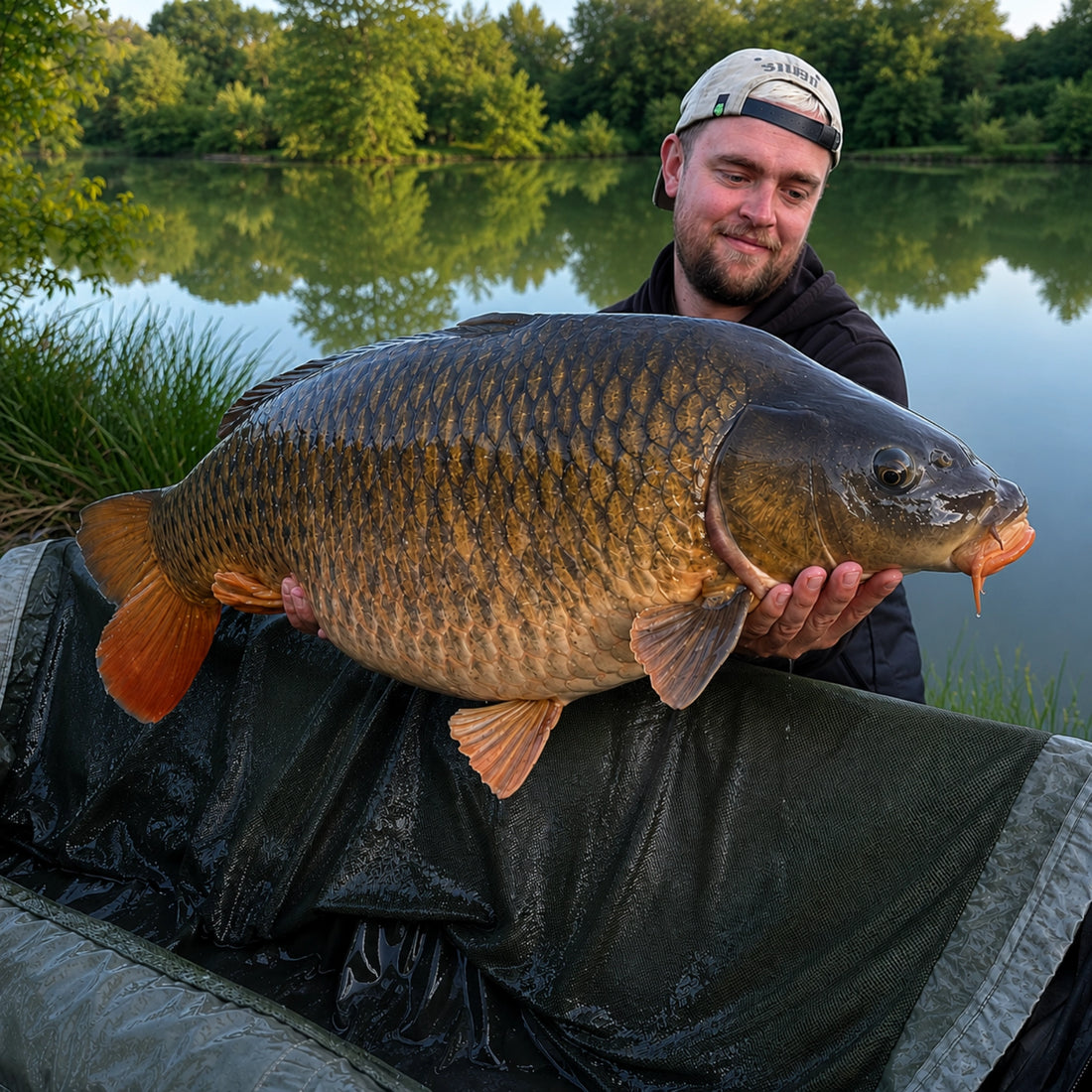 Guillaume Desesquelles, fondateur de Magnifixcarp, présentant une carpe commune capturée lors d'une session de pêche en rivière