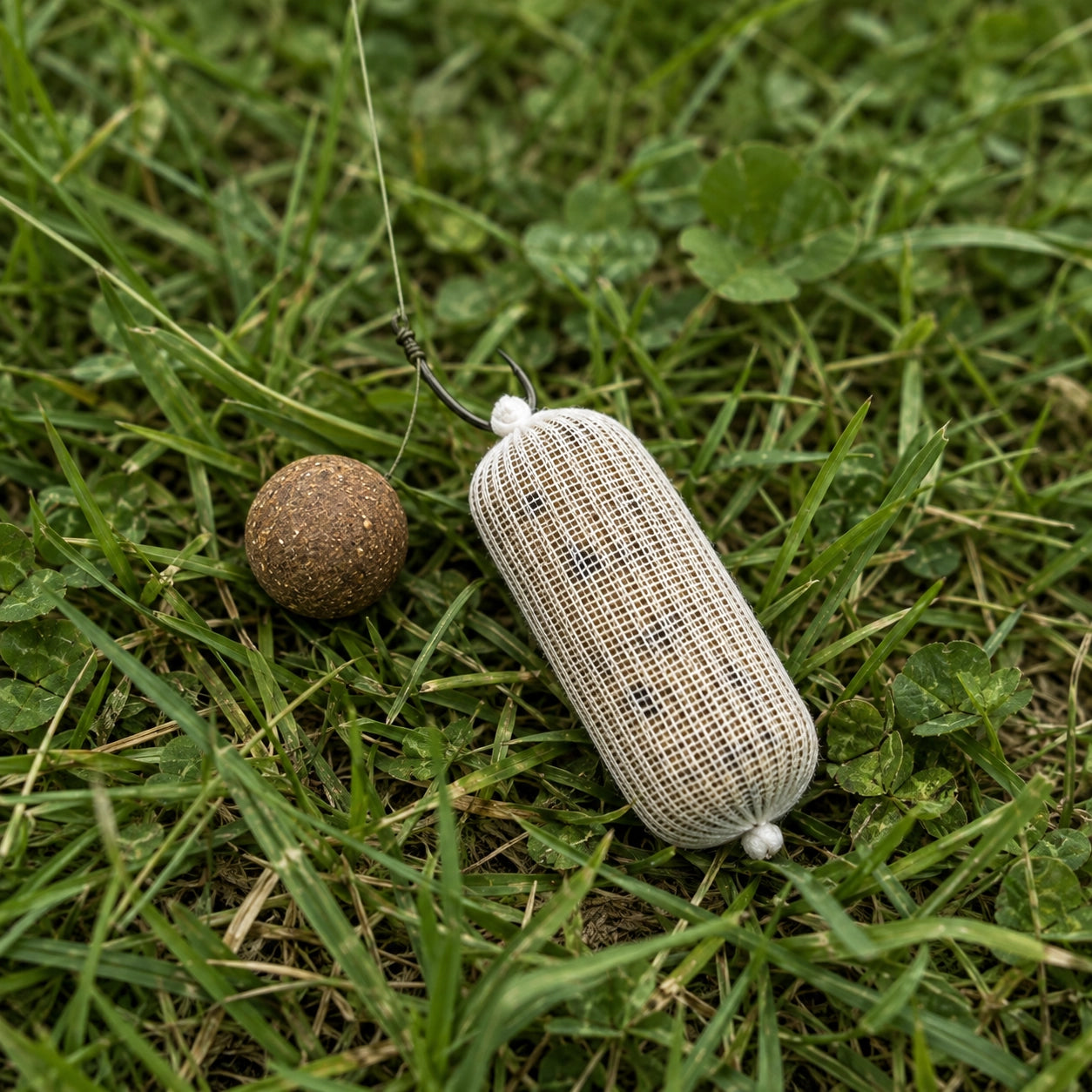 Stick de filet PVA et bouillette d'eschage posés sur l'herbe