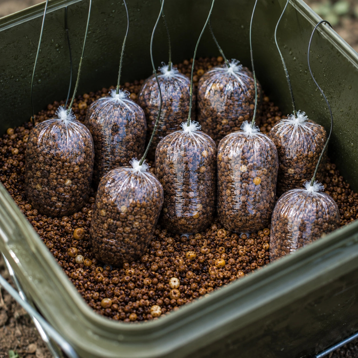 Sacs PVA solides remplis de pellets prêts dans un seau d'amorçage