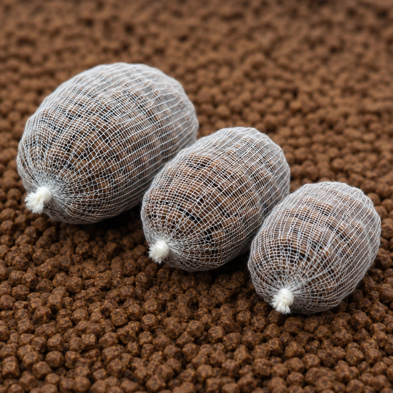 Trois sticks de filet PVA de tailles différentes sur un lit de pellets