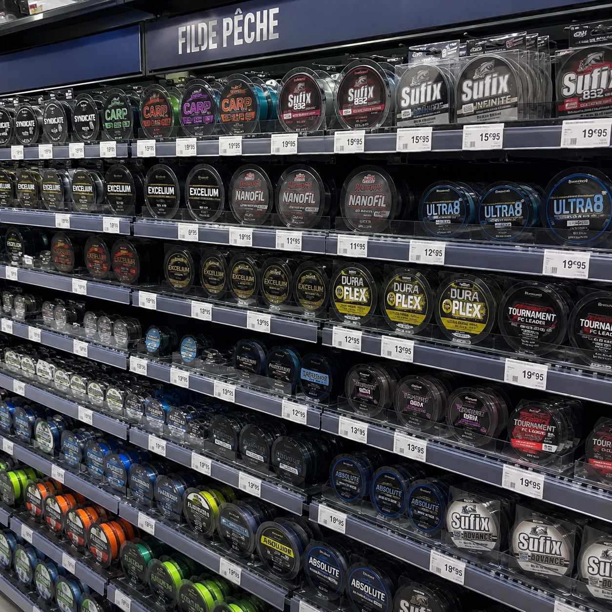 Rayon de bobines de fil de pêche de différentes marques en magasin