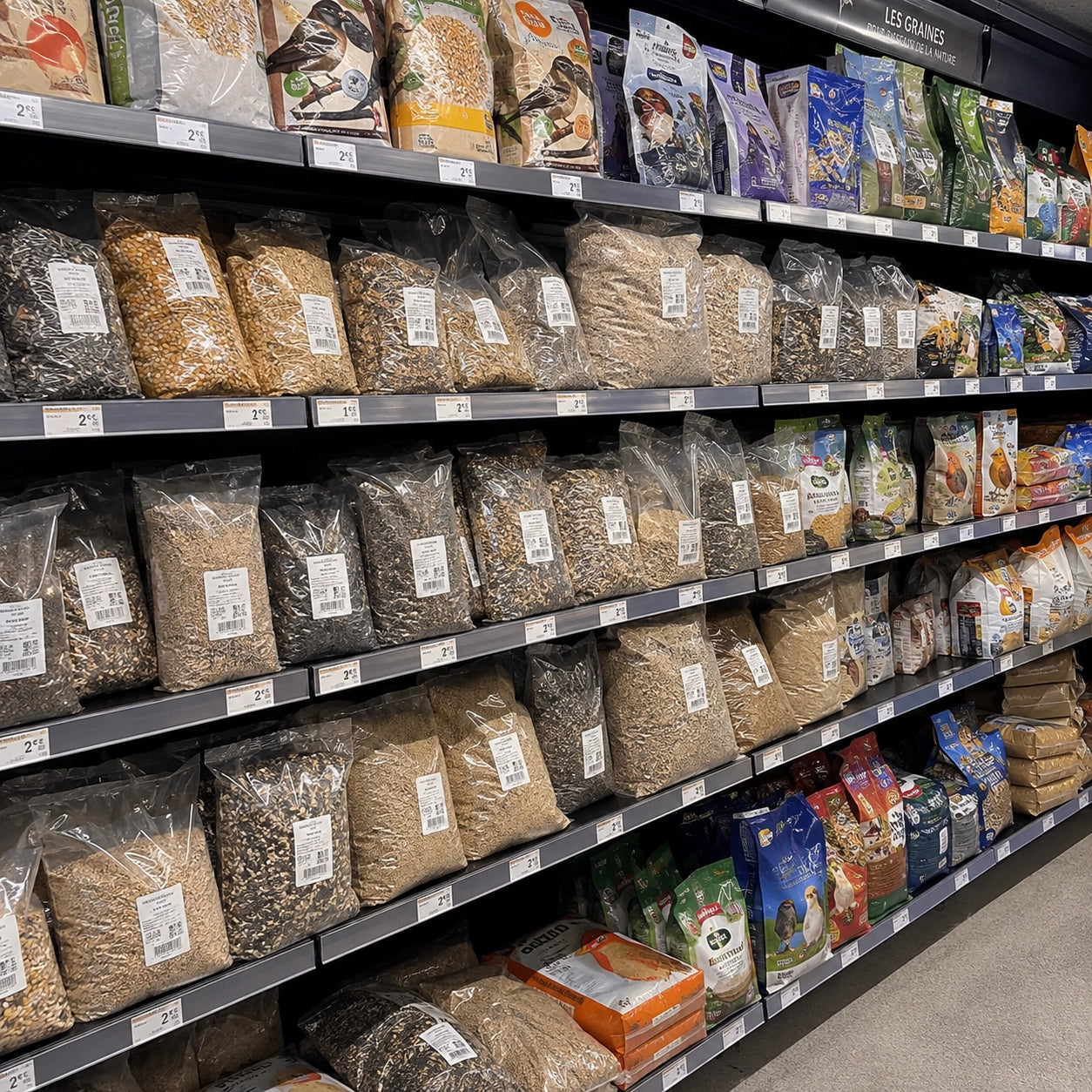 Rayon de graines en magasin avec sachets de chènevis et autres graines d'amorçage