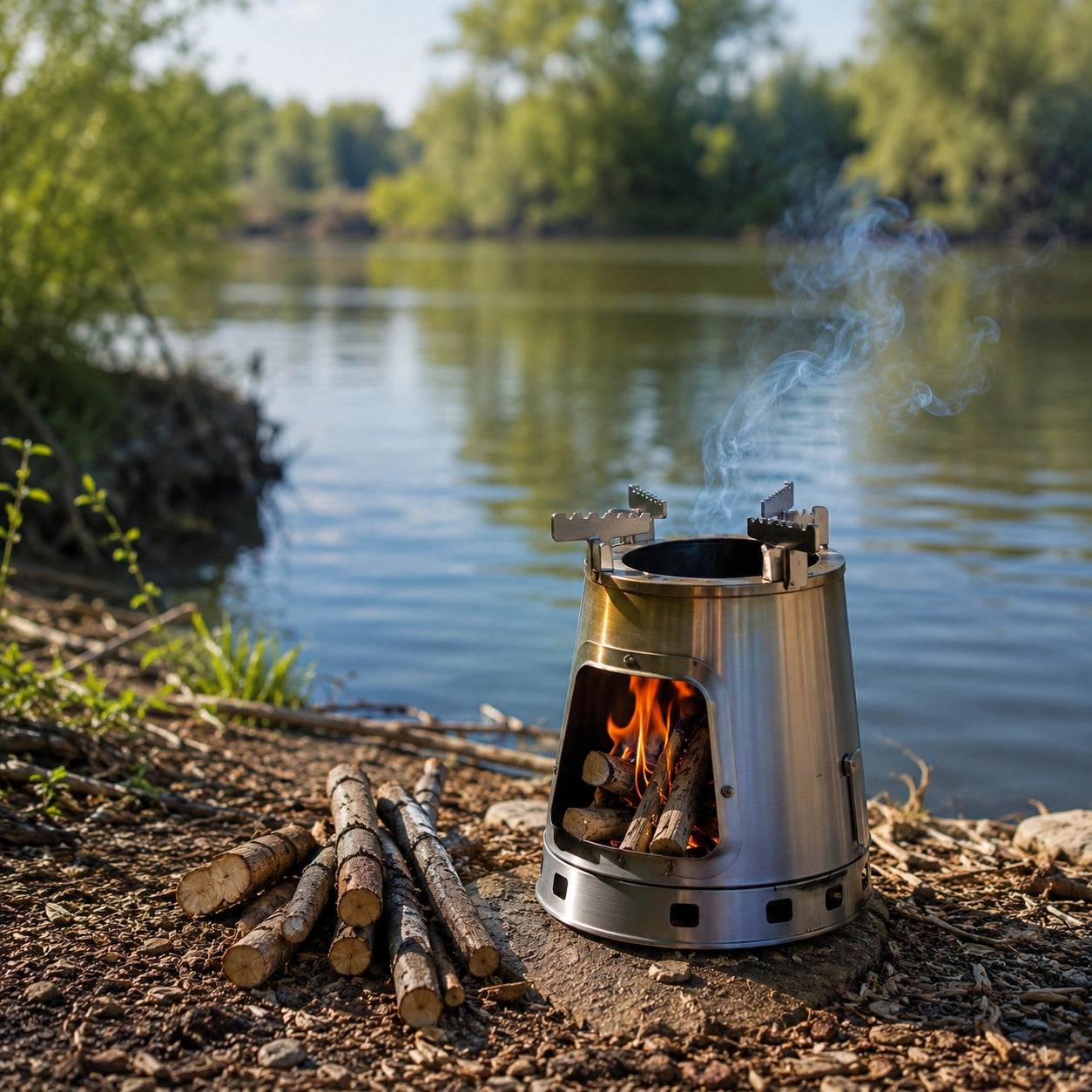 Réchaud à bois alimenté aux brindilles au bord d'une rivière