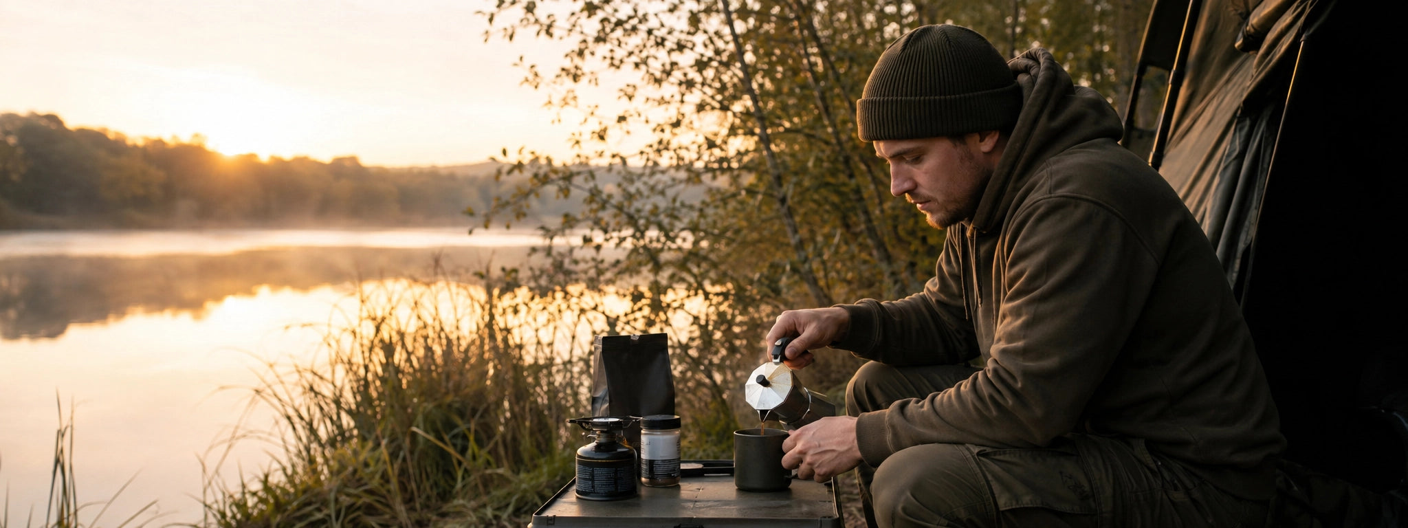 Carpiste préparant son café au réchaud au lever du jour au bord de l'étang