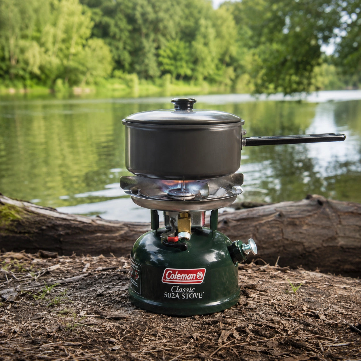 Réchaud à essence liquide multicombustible posé au bord de l'eau