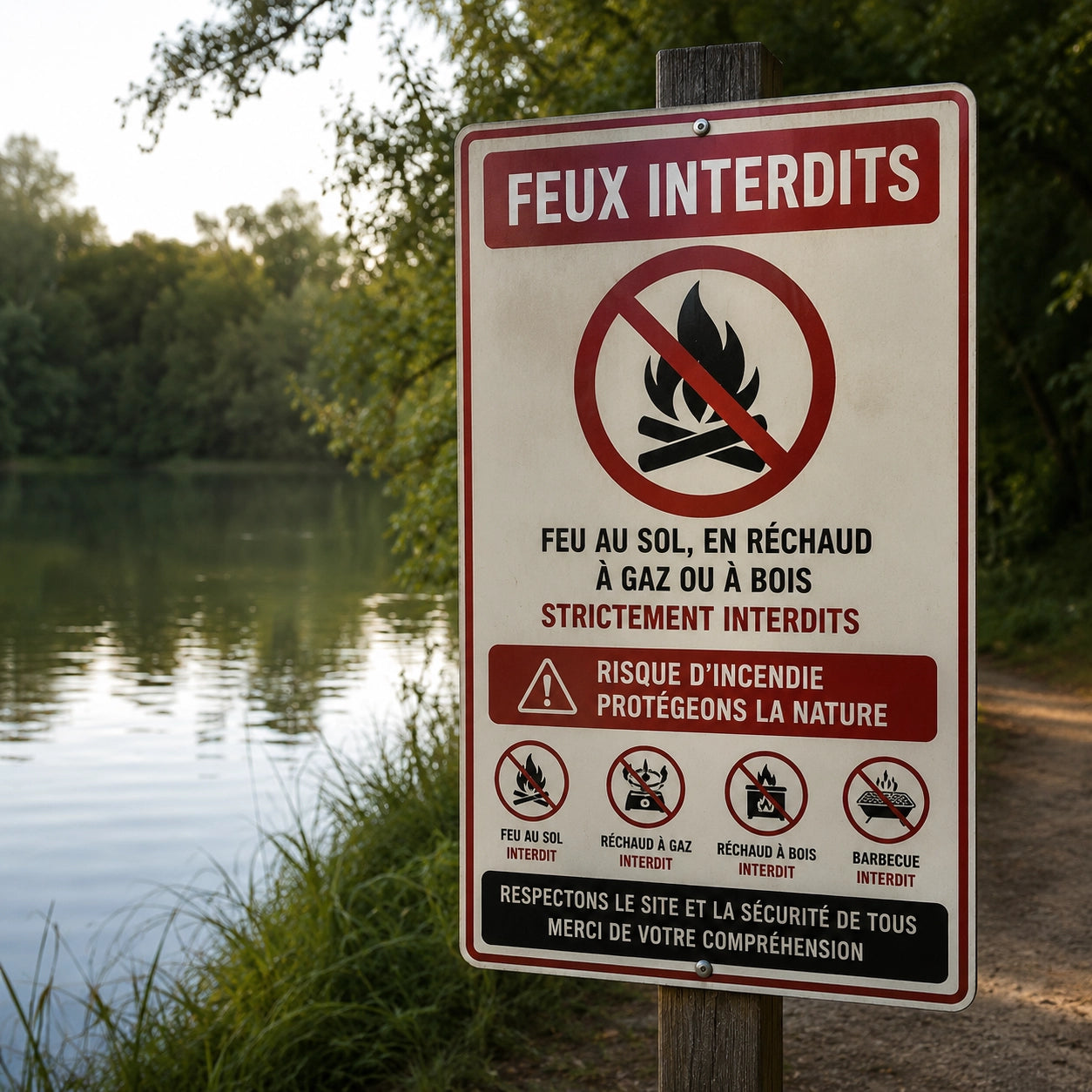 Panneau feux interdits signalant l'interdiction des réchauds sur un plan d'eau