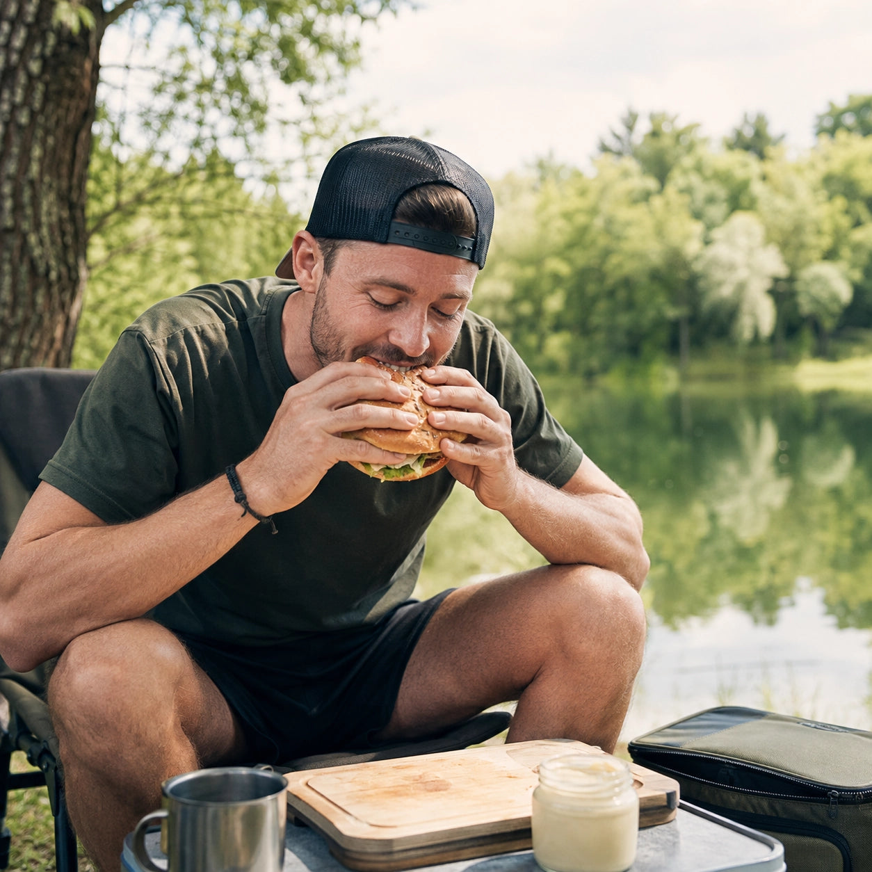 Pêcheur mangeant un burger chaud préparé au réchaud pendant sa session