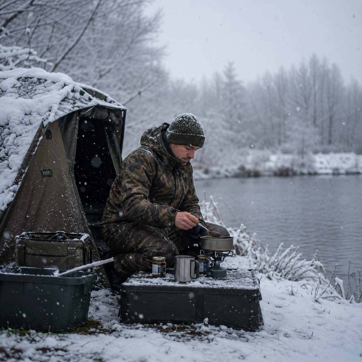 Pêcheur cuisinant au réchaud sous la neige lors d'une session hivernale