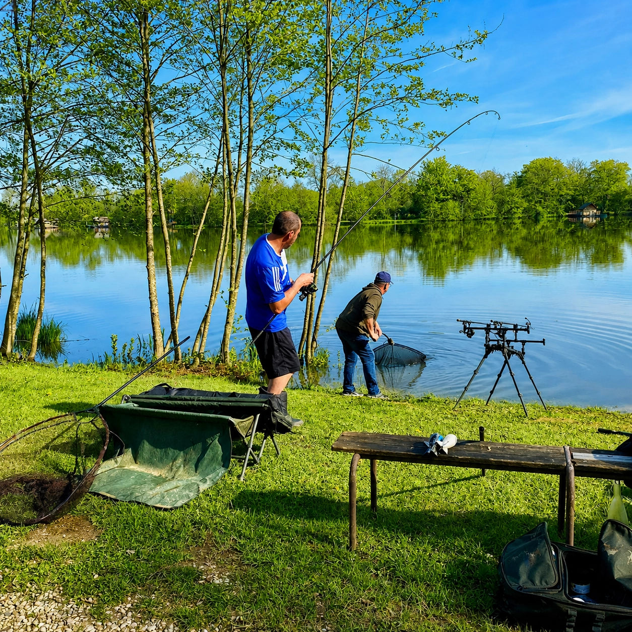 Pêcheurs en action du bord sur la rive droite de l'étang, pêche de journée au Domaine de la Dombes