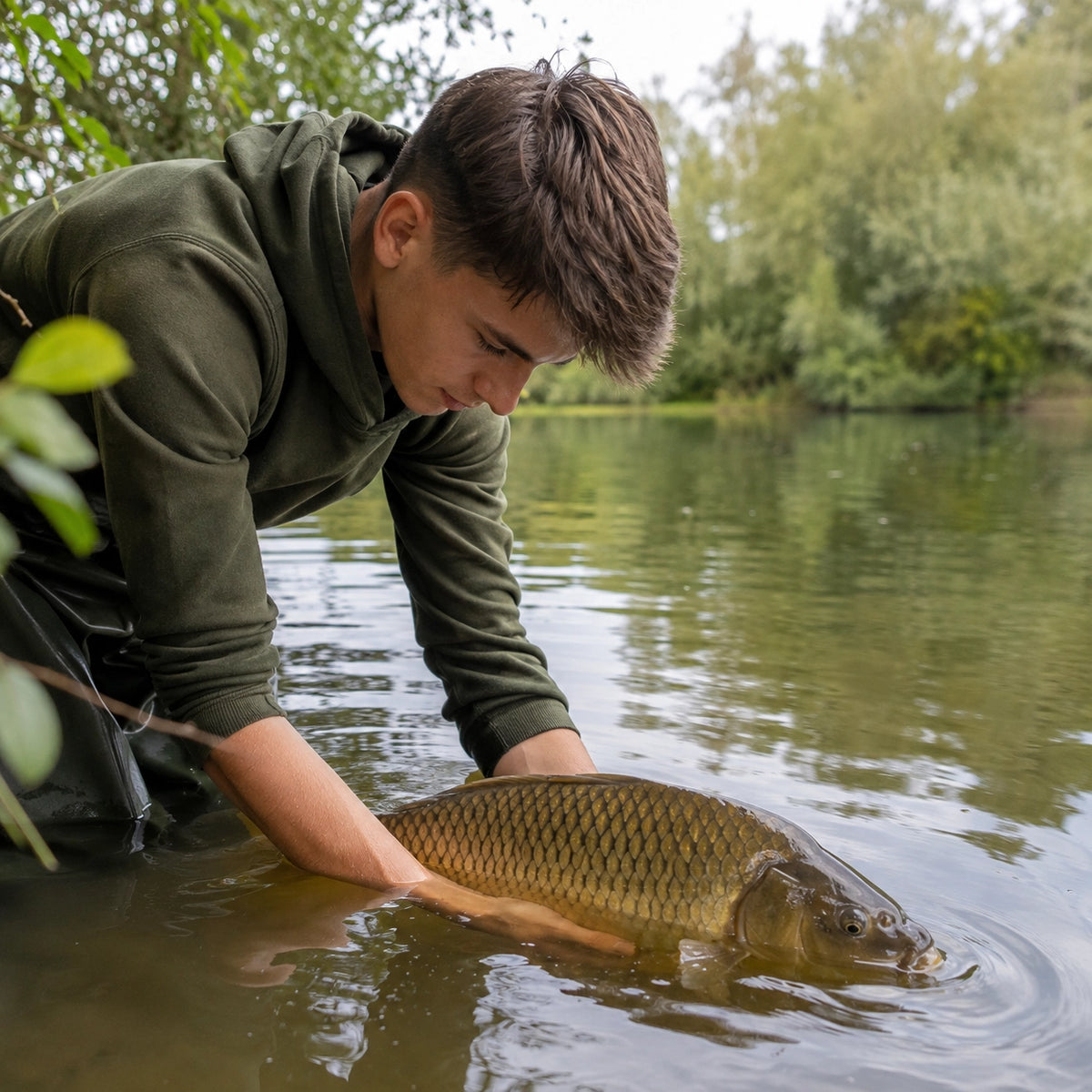 Remise à l'eau d'une carpe commune sur un parcours no-kill girondin