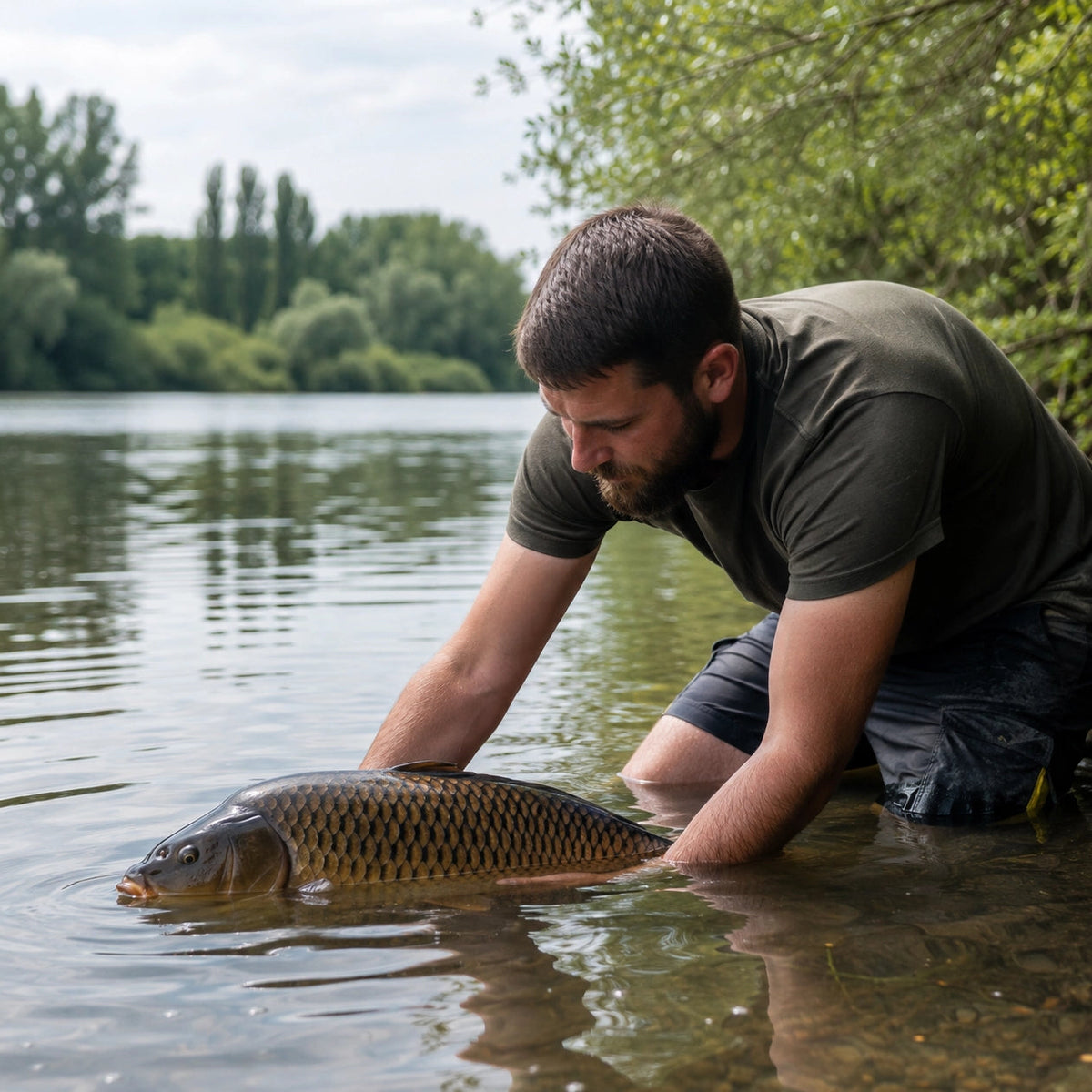 Remise à l'eau d'une carpe commune au bord d'un petit étang privé