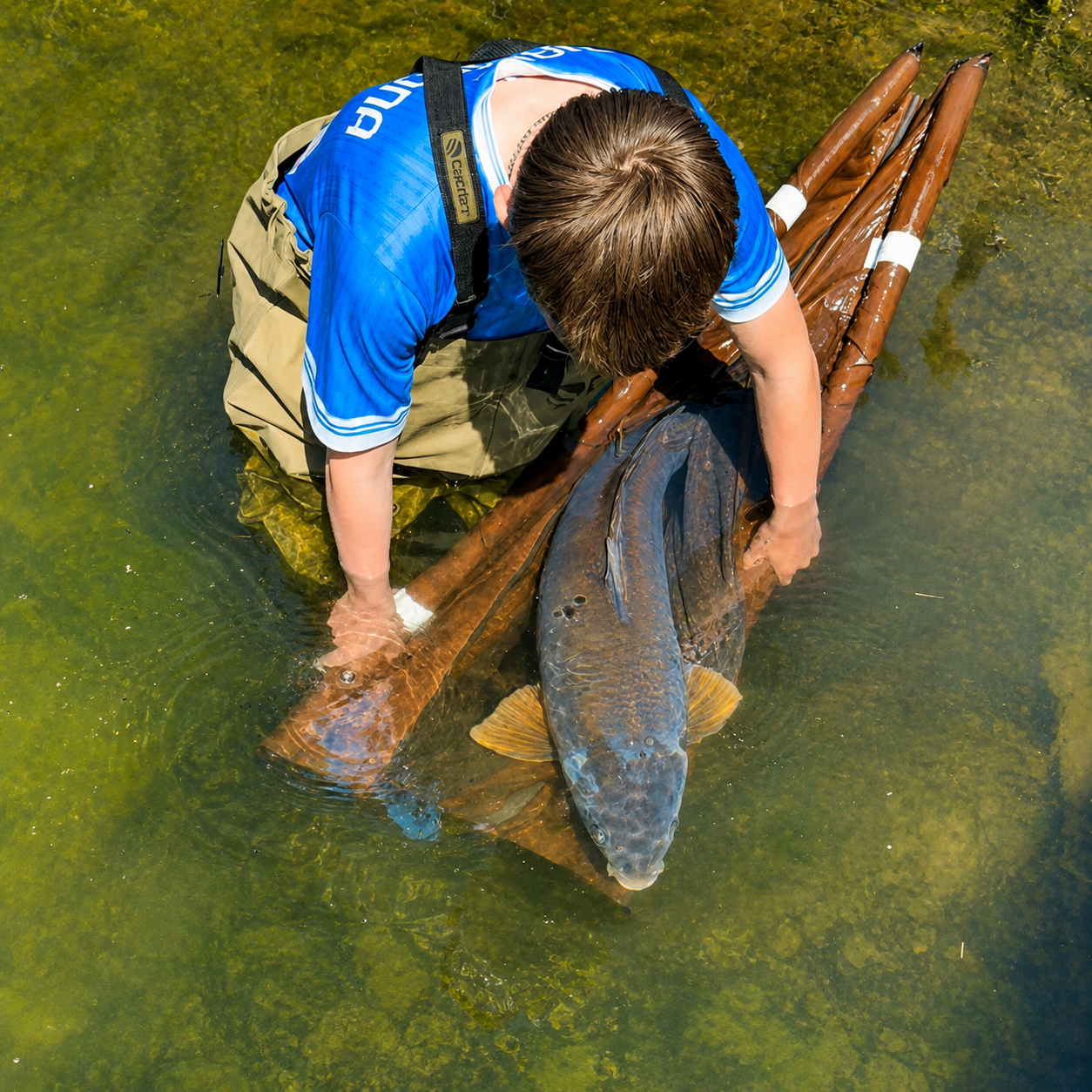 Carpiste remettant une carpe à l'eau dans le respect du no-kill, en maintenant le poisson jusqu'à ce qu'il reparte de lui-même