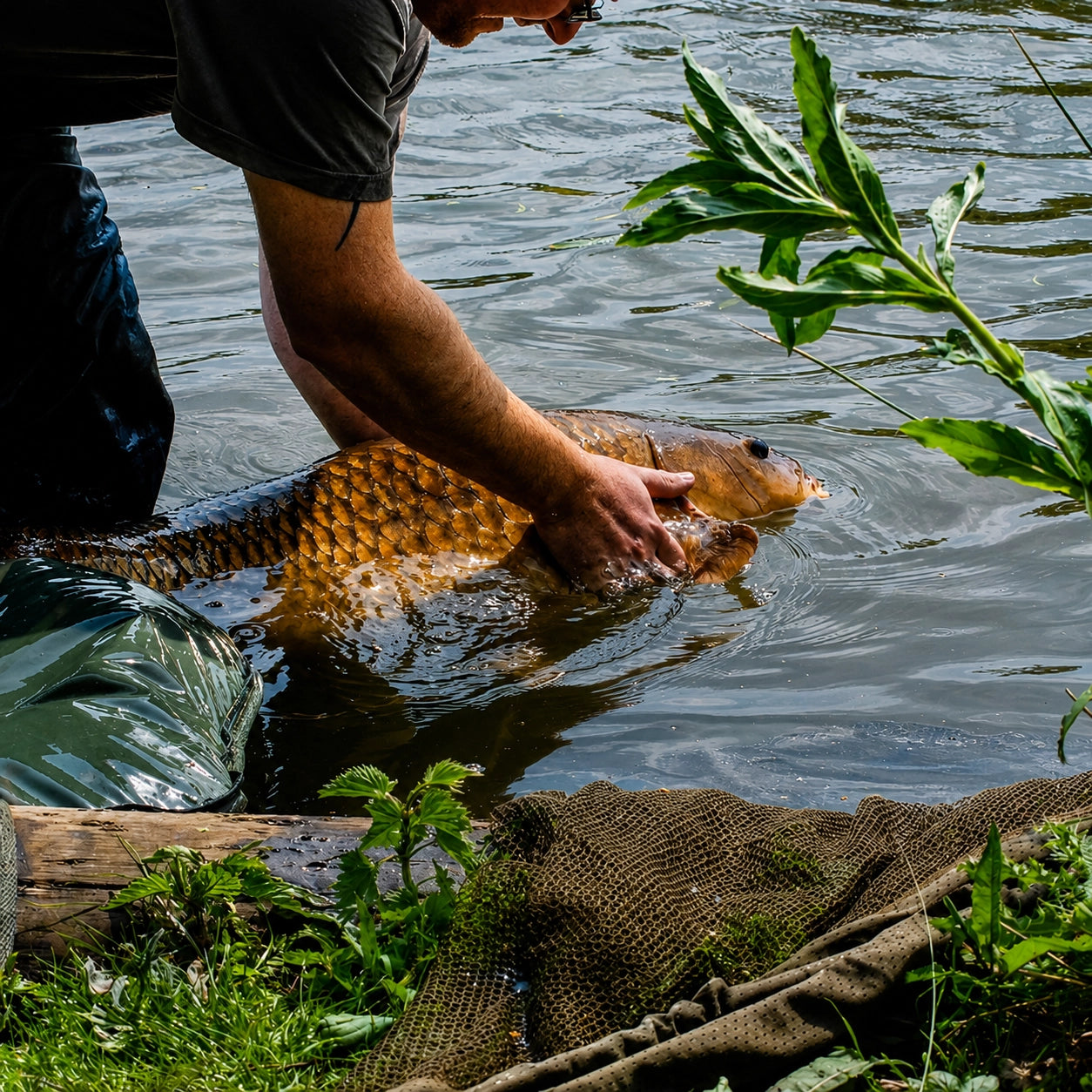 Carpiste remettant délicatement une carpe commune à l'eau, geste no-kill ancré dans le respect du poisson et de son histoire