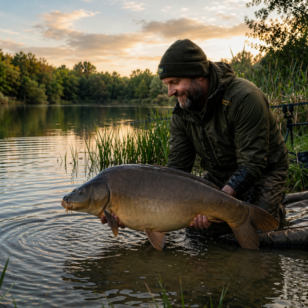 Carpiste souriant remettant délicatement à l'eau une grosse carpe cuir au coucher du soleil, pratique du no-kill en pêche à la carpe