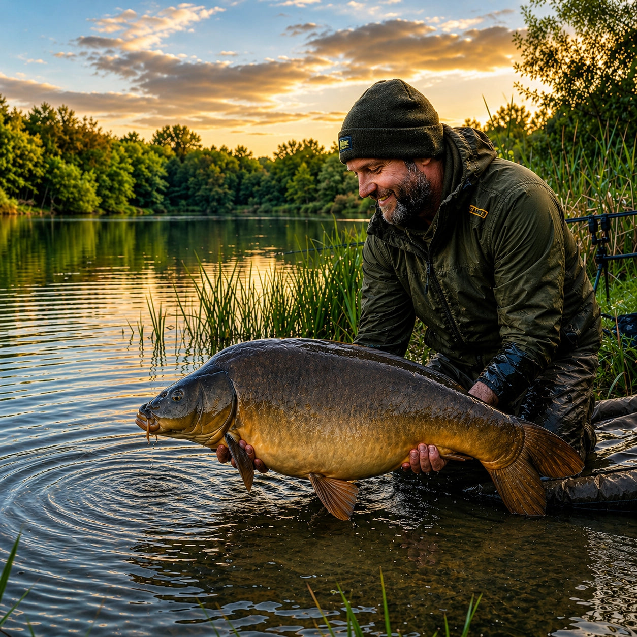 Carpiste souriant remettant délicatement à l'eau une grosse carpe cuir au coucher du soleil, pratique du no-kill en pêche à la carpe