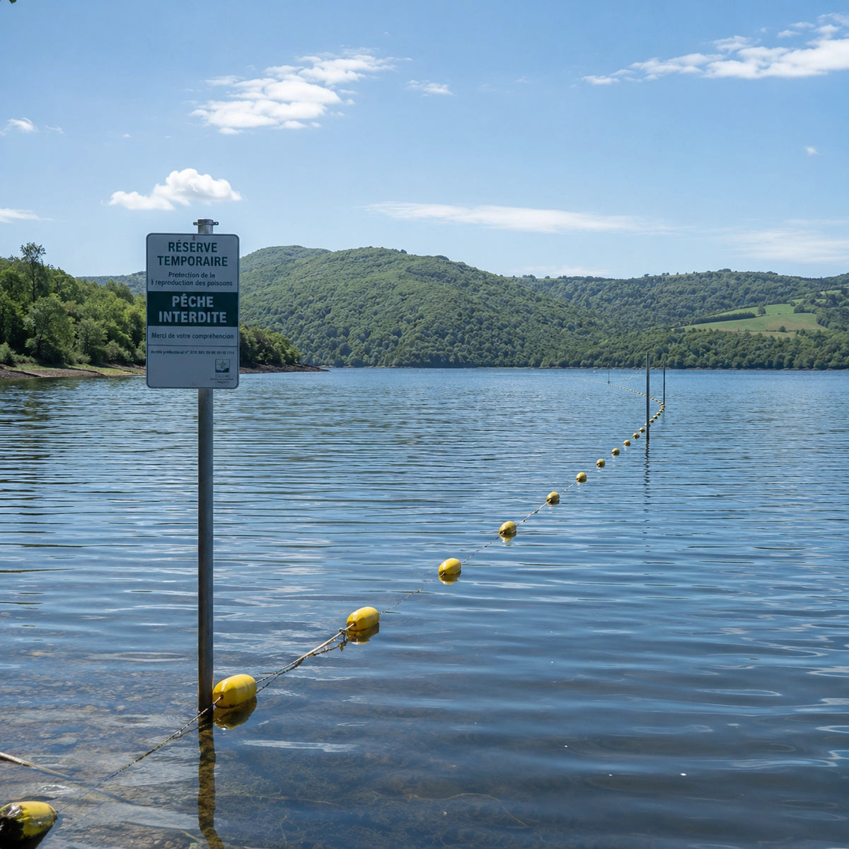 Panneau de réserve temporaire et ligne de bouées balisant une zone de pêche interdite sur un lac de barrage aveyronnais