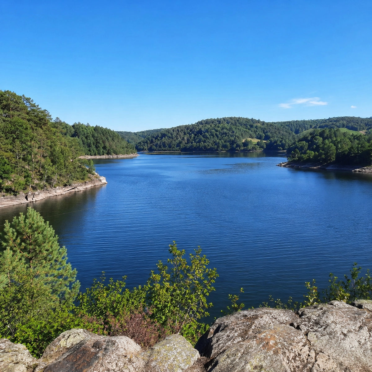 Grand lac de barrage aux rives boisées et rochers en bordure, illustrant les retenues du centre Bretagne comme Guerlédan