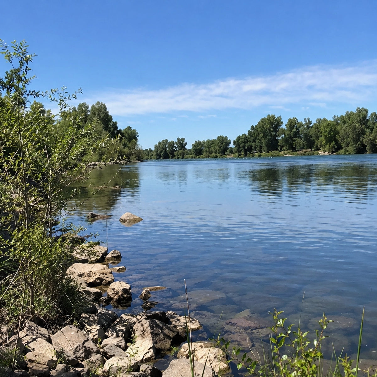 Le Rhône large et lent en rive droite gardoise, berge enrochée