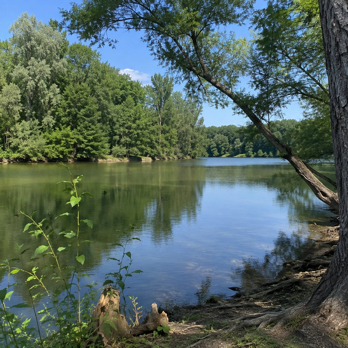 Bras calme de la rivière Allier ombragé par un arbre, secteur à carpe