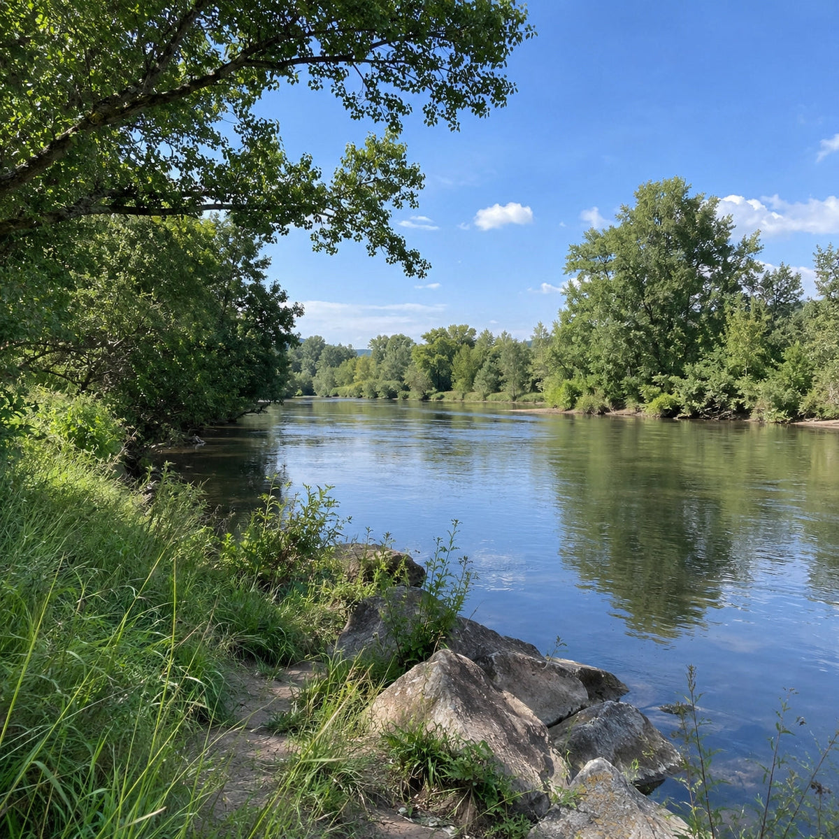 Sentier de berge le long de la rivière Allier, accès à un poste de pêche