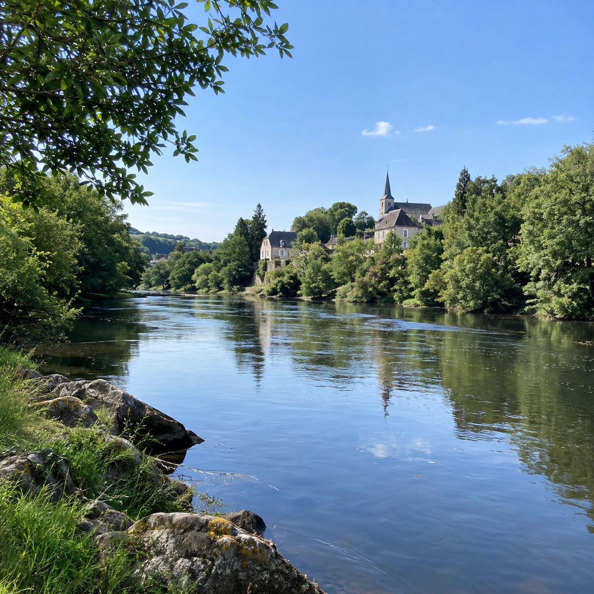 La Creuse traversant un village de l'Indre, meilleur terrain public du département pour la carpe