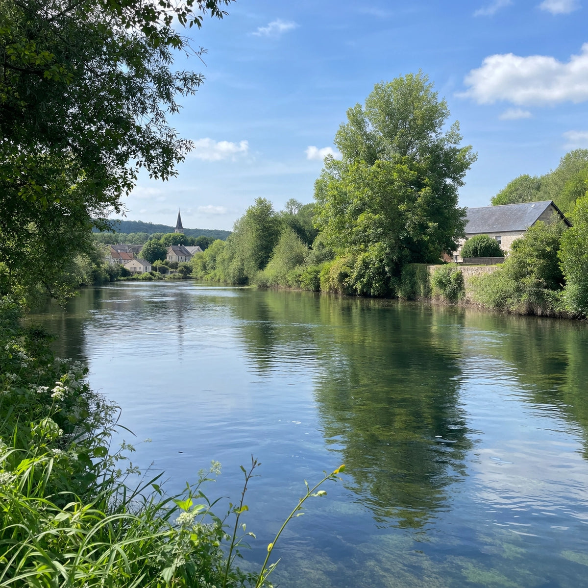 Rivière Eure en aval de Louviers, avec des bordures végétalisées propices à la carpe