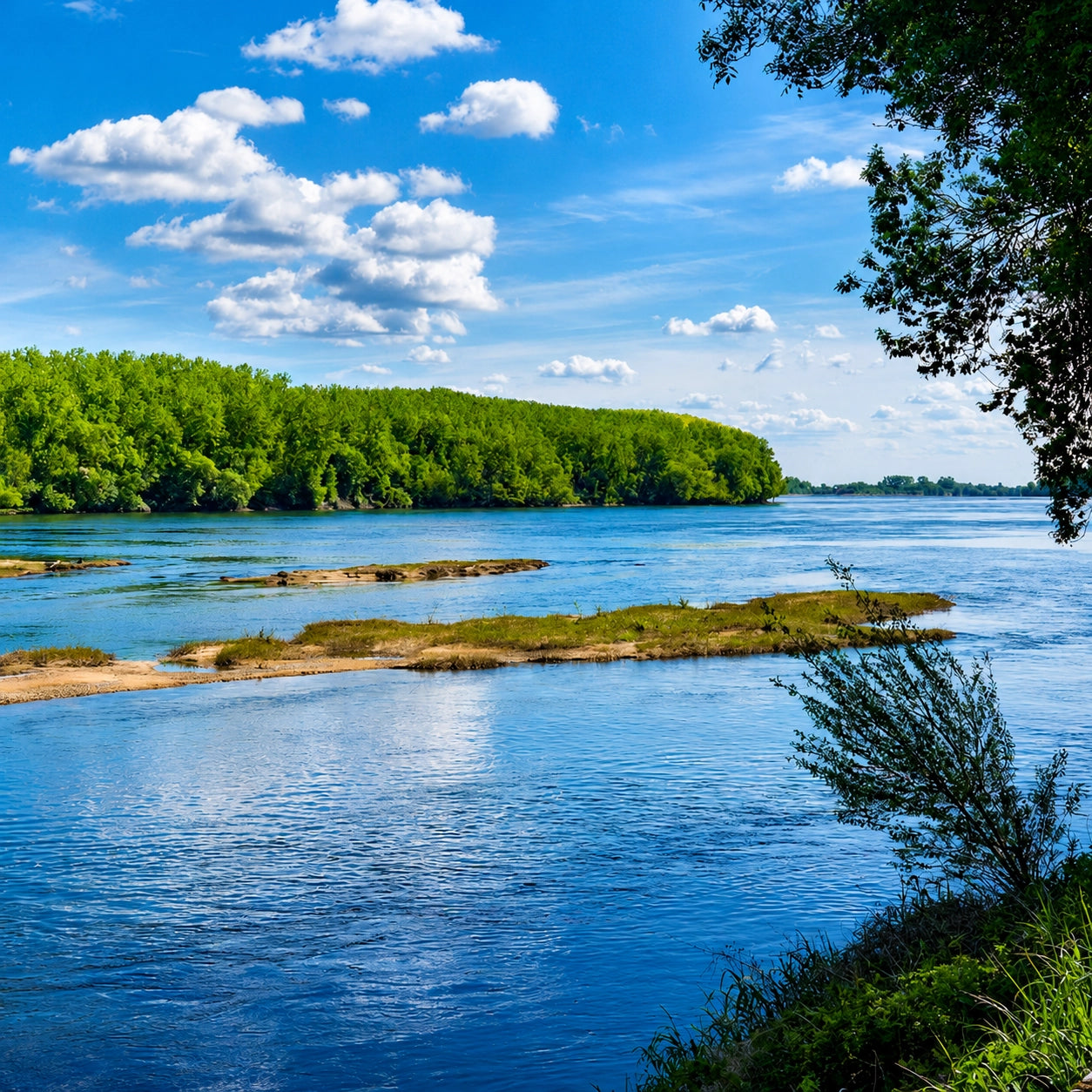 Grande rivière lente avec îlot et végétation, habitat naturel de la carpe miroir