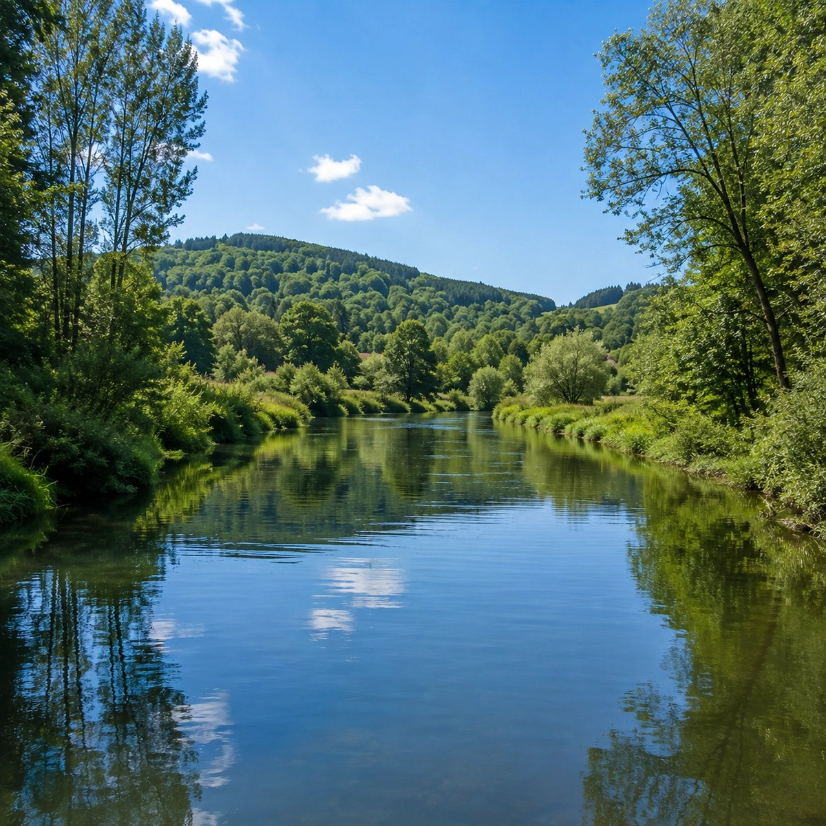Rivière sinueuse bordée d'arbres entre des collines boisées