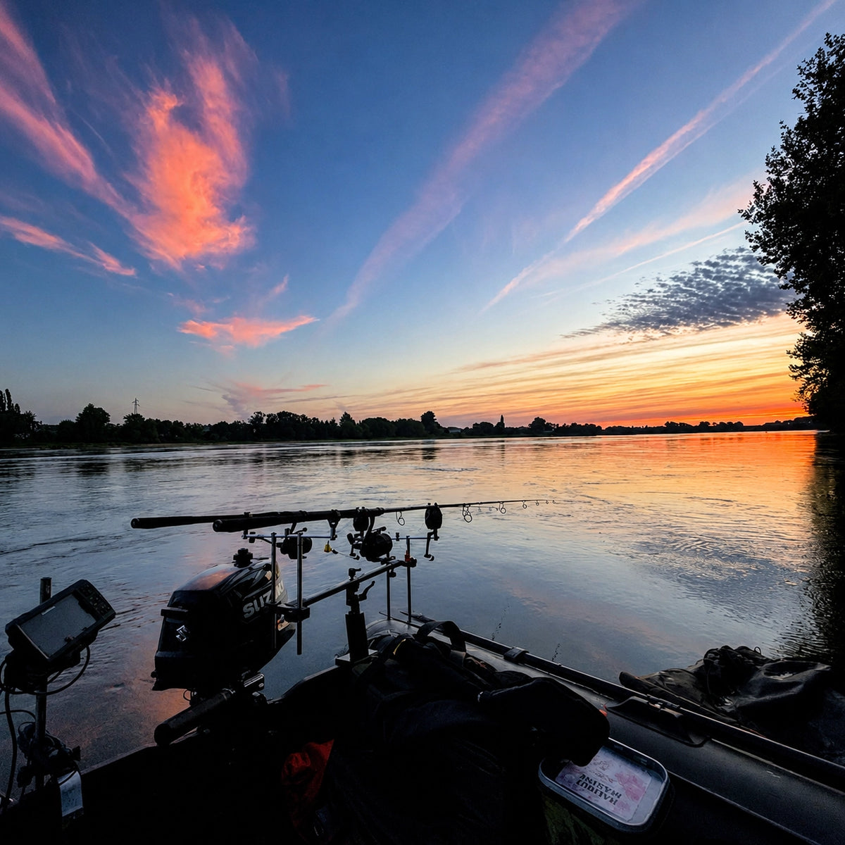Boat pod Mack2 monté sur un Zodiac au coucher du soleil sur la Loire